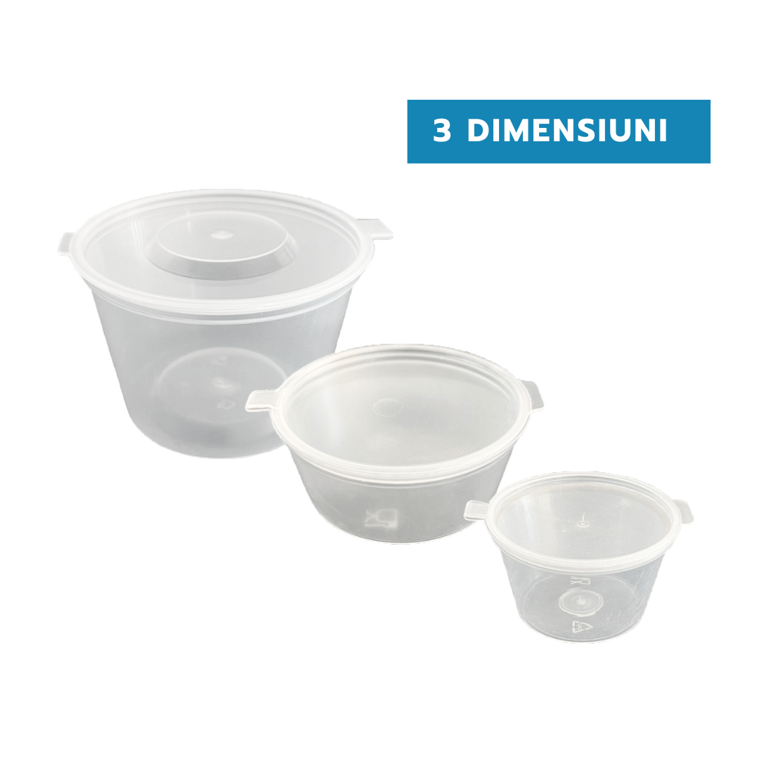 Sosiere rotunde din PP cu capac atasat DIFERITE DIMENSIUNI, 1 oz, 2 oz sau 4 oz, 100 buc/set